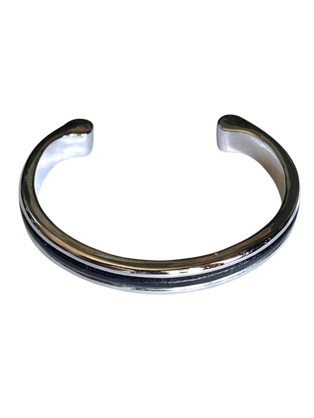 Vintage RLL Ralph Lauren Cuff Silver-Tone & Black Leather Cuff Bracelet Bangle